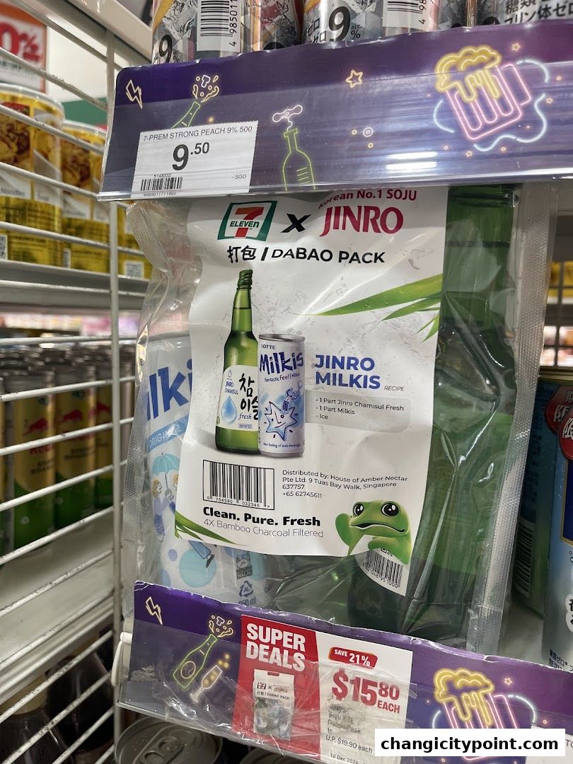 A 7-Eleven display featuring a Jinro Soju Dabao Pack with Milkis and ice.