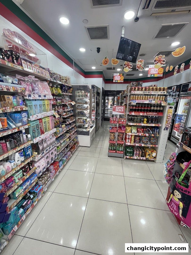 Interior view of a 7-Eleven convenience store with shelves stocked with various products.