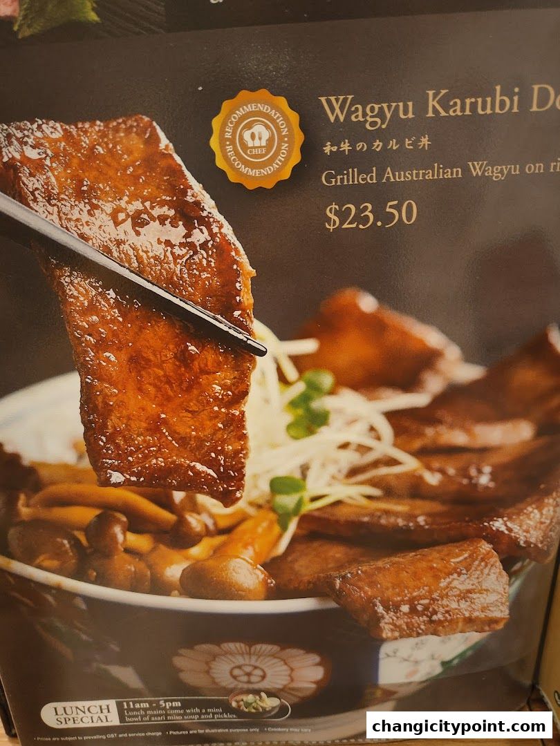 A close-up of a Wagyu Karubi Don dish with grilled Australian wagyu on rice.