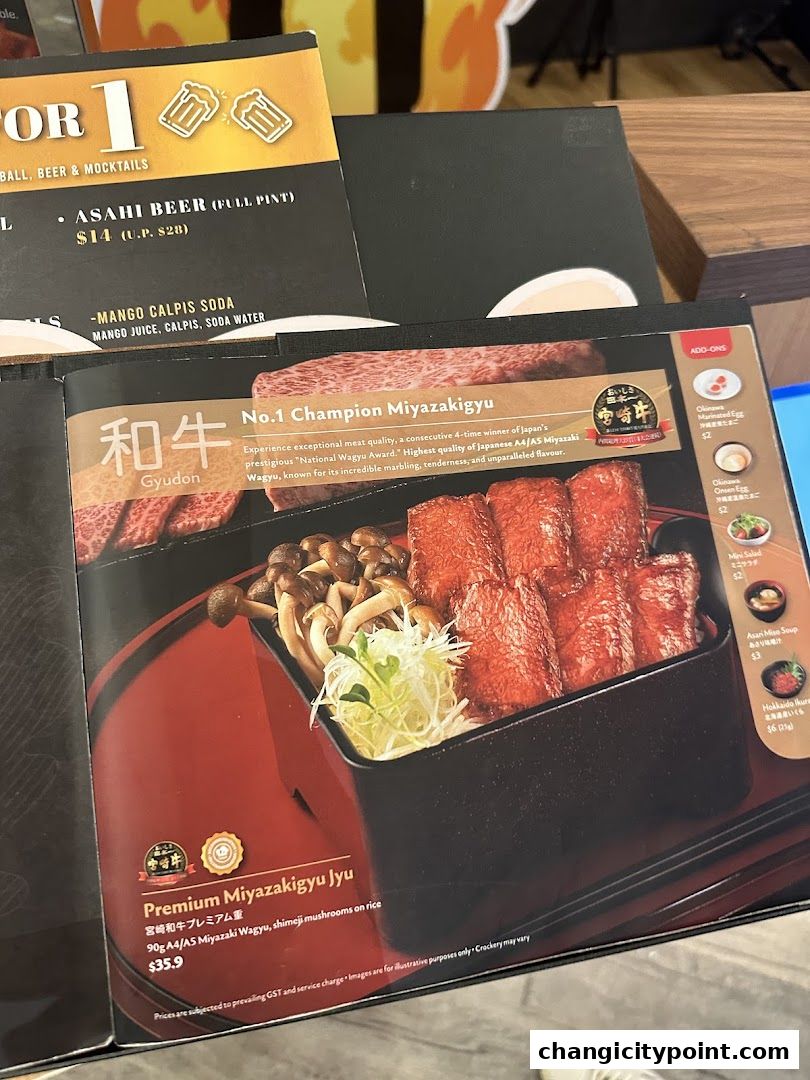 A menu featuring premium Miyazakigyu beef dishes and drinks.