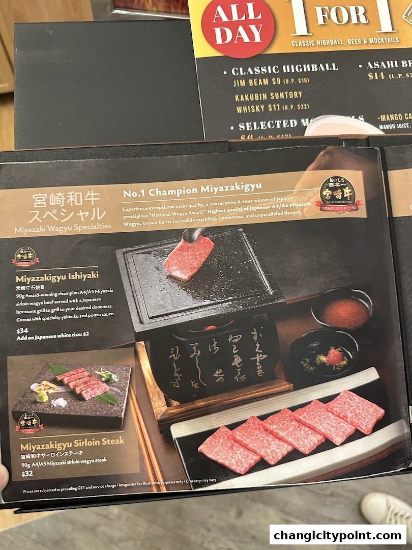 A menu showcasing Miyazaki Wagyu beef specialties with detailed descriptions and prices.