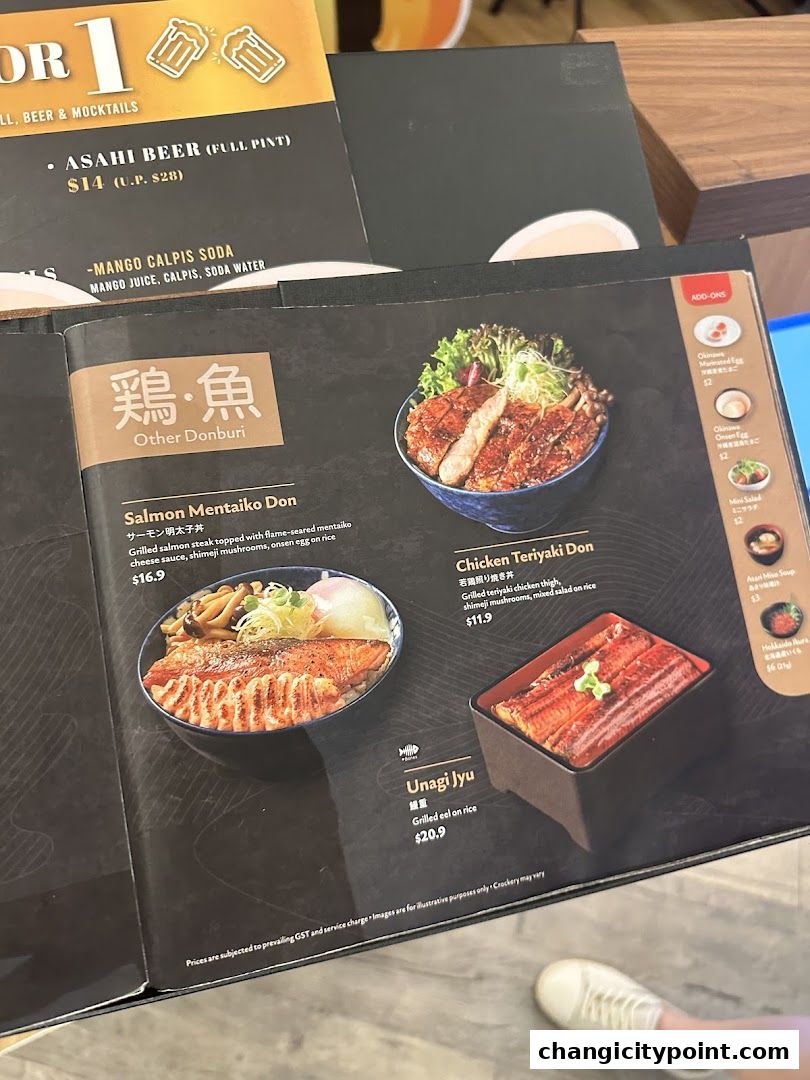 A menu featuring Japanese donburi dishes like salmon and unagi, with prices and descriptions.