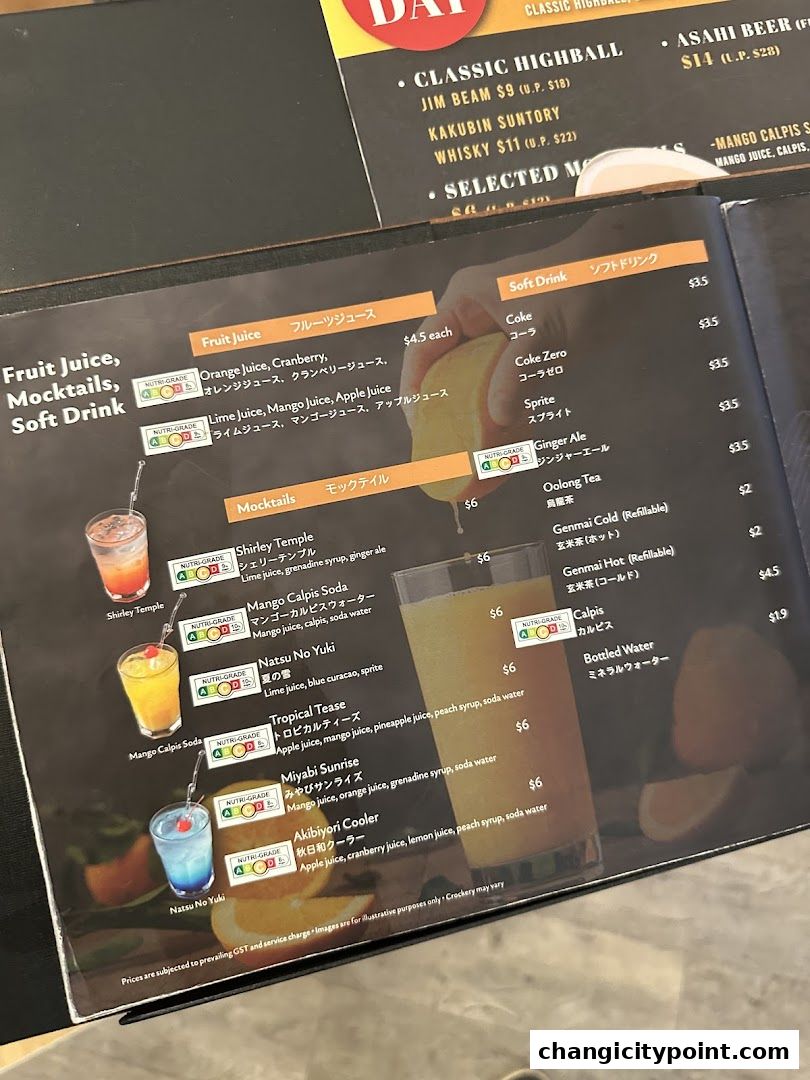A menu displaying fruit juices, mocktails, and soft drinks with prices and descriptions.
