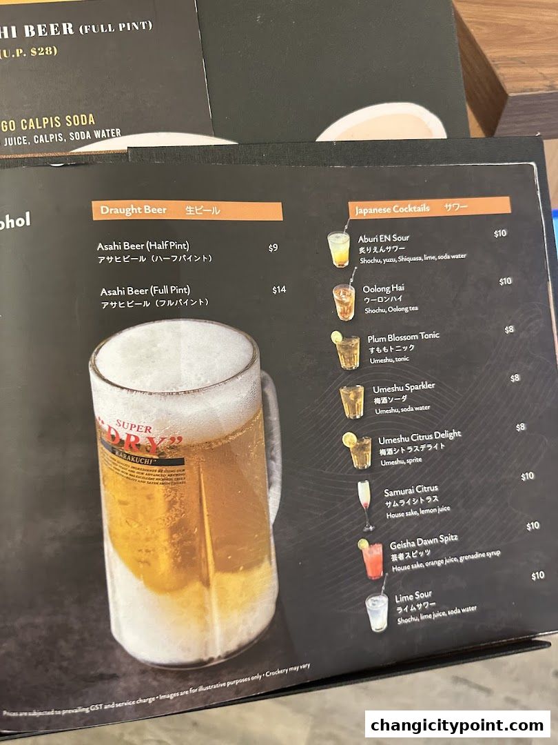 A menu featuring draught beer and Japanese cocktails with prices and descriptions.