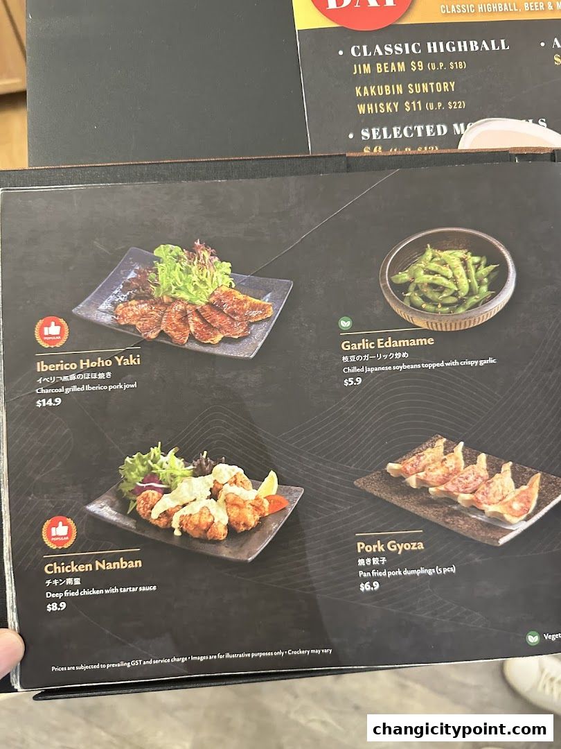 A menu featuring Japanese dishes like Iberico Hoho Yaki, Chicken Nanban, Pork Gyoza, and Garlic Edamame.
