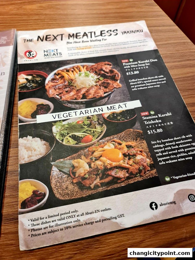 A menu featuring vegetarian meat yakiniku dishes from Aburi-EN.