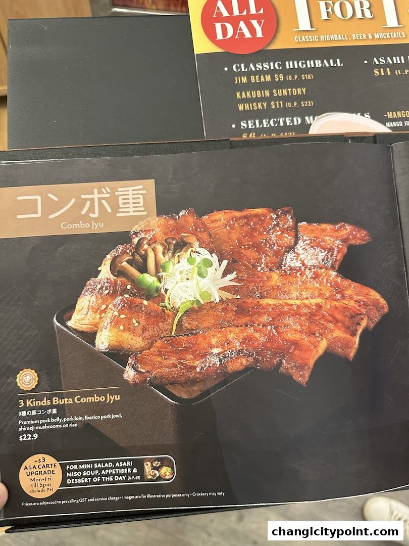 A menu page showcasing the '3 Kinds Buta Combo Jyu' dish with accompanying details and upgrade options.
