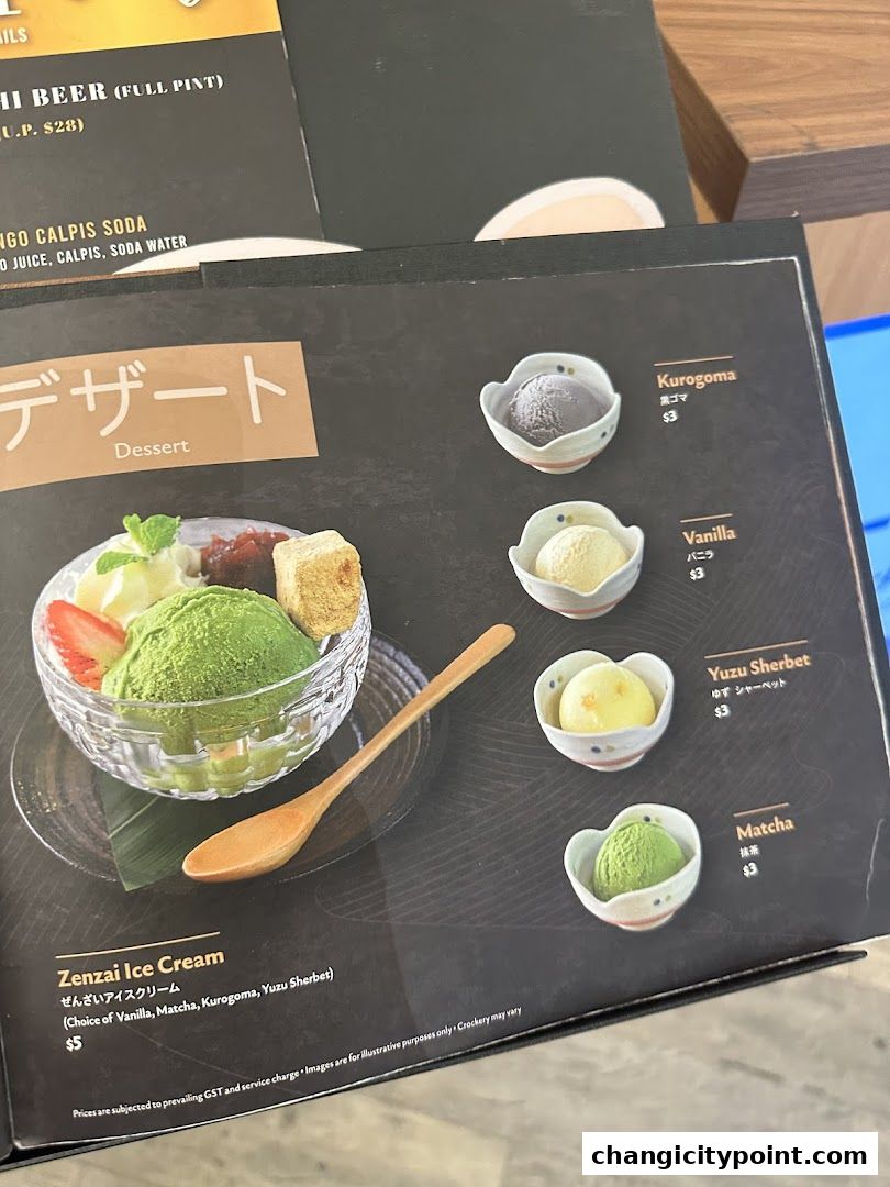 A menu showcasing Japanese desserts, including ice cream and sherbet options.