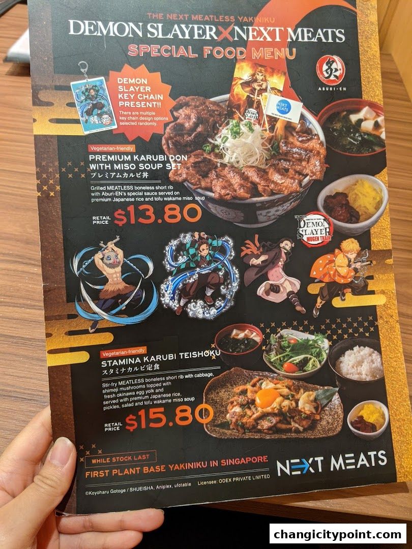 A menu for Demon Slayer x Next Meats special food, featuring plant-based yakiniku dishes.