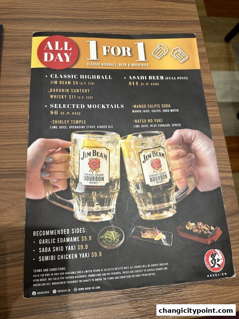 A menu from Aburi-EN featuring a '1 FOR 1' promotion on classic highballs, beer, and mocktails.