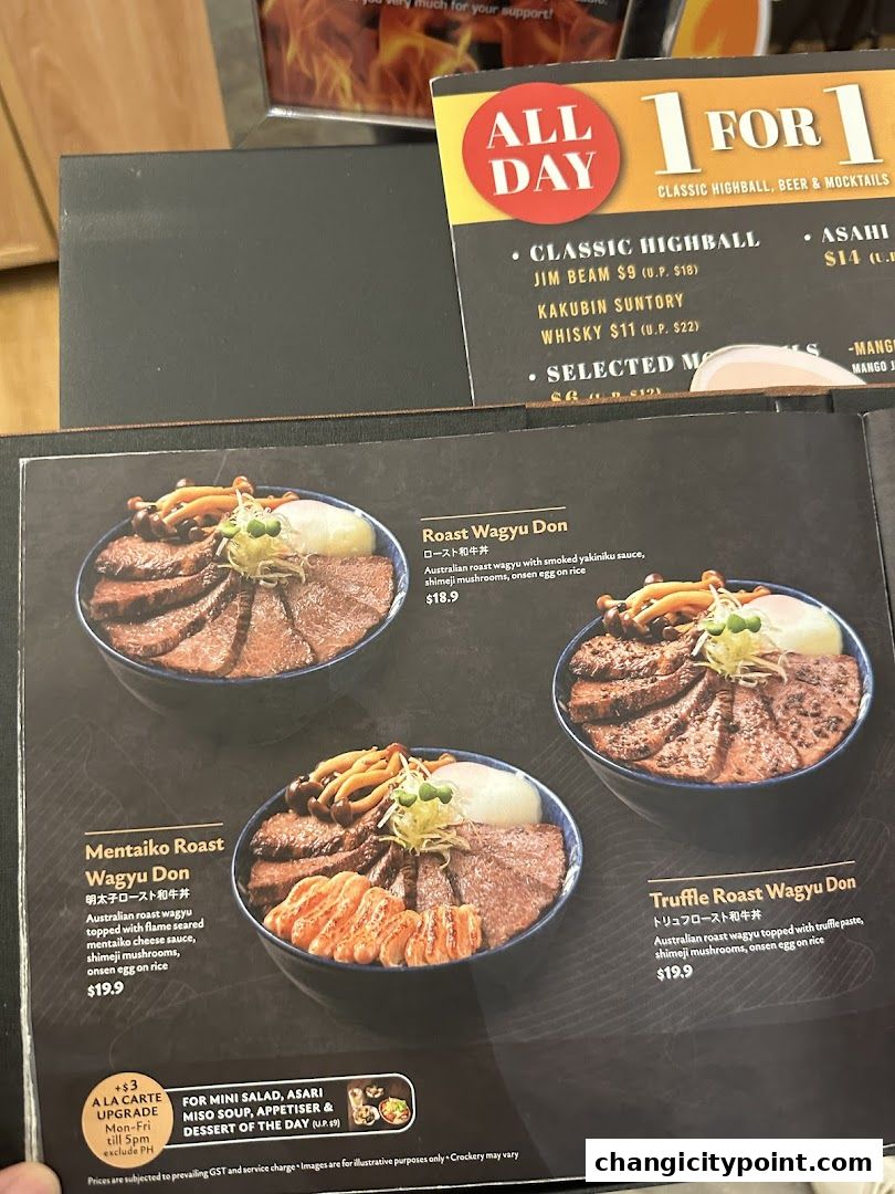 A menu showcasing three types of Wagyu Don bowls with prices and descriptions.