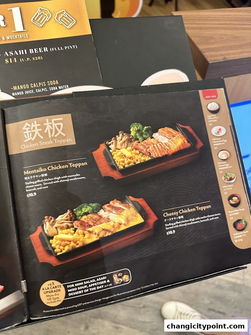 A menu featuring Chicken Steak Teppan dishes with descriptions and prices.