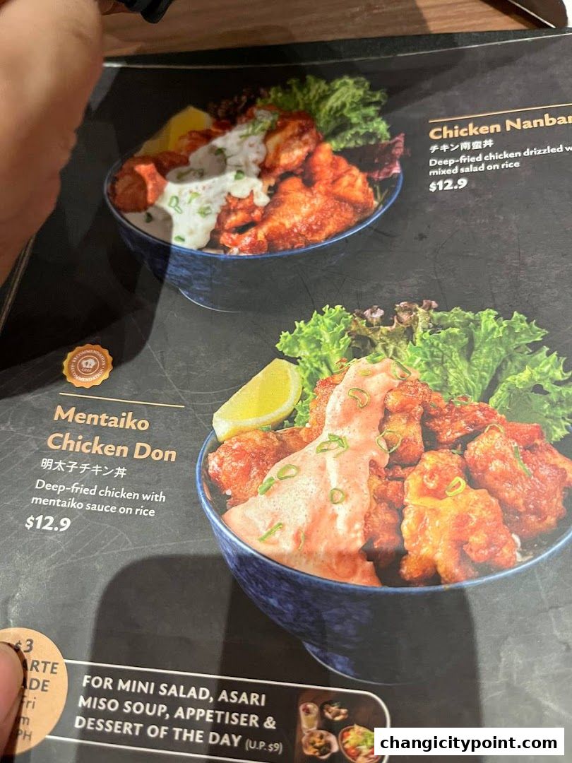 A menu showcasing two Japanese rice bowl dishes with fried chicken.