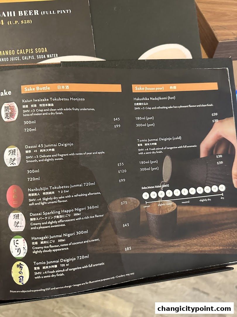 A menu showcasing various sake bottles and house pours with descriptions and prices.