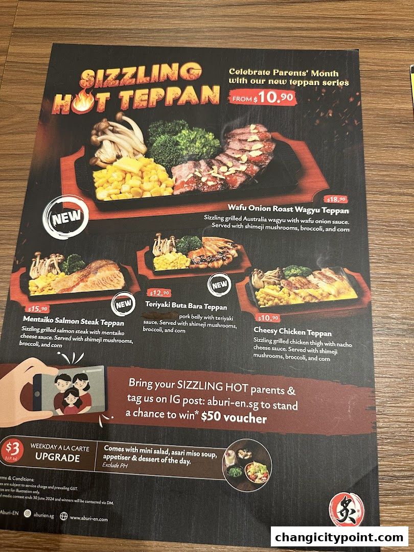 A menu showcasing sizzling hot teppan dishes with prices and descriptions.