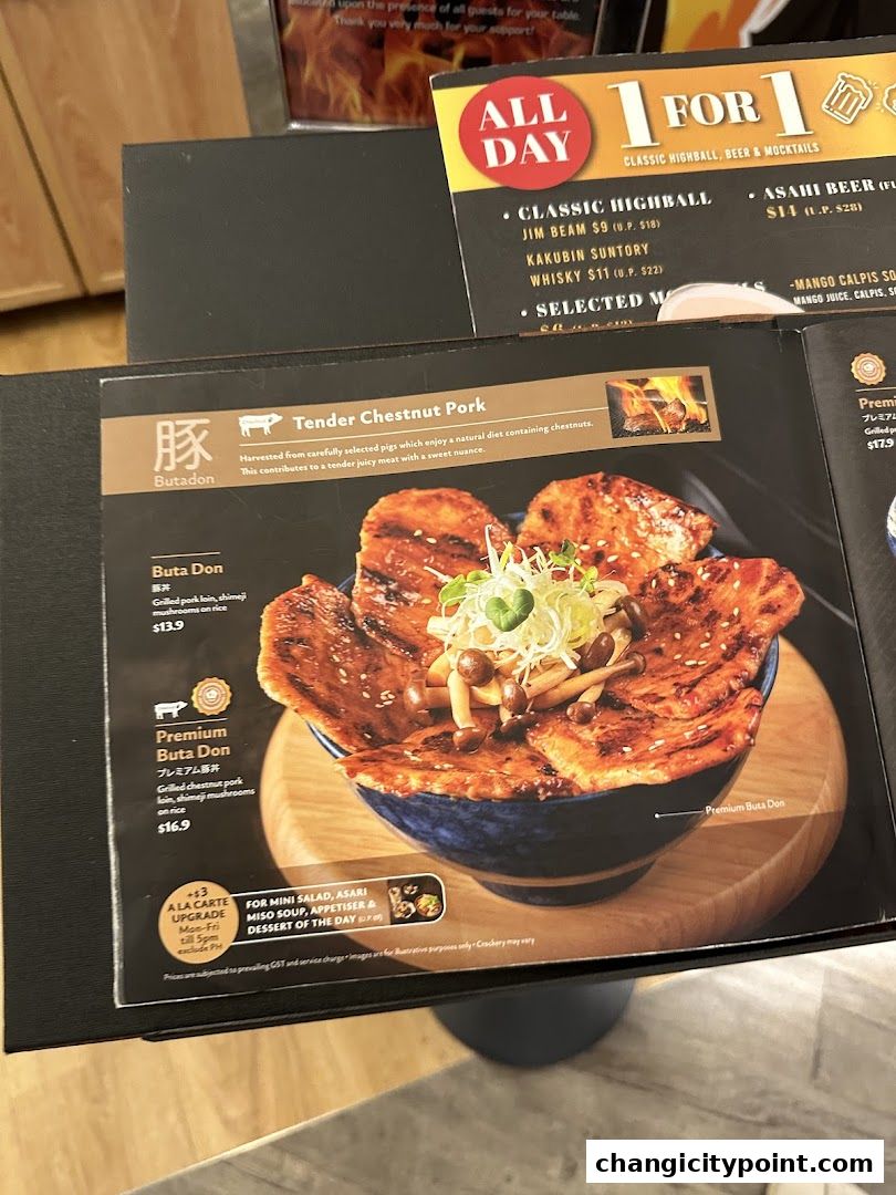 A menu page showcasing 'Tender Chestnut Pork' dishes with detailed descriptions and prices.