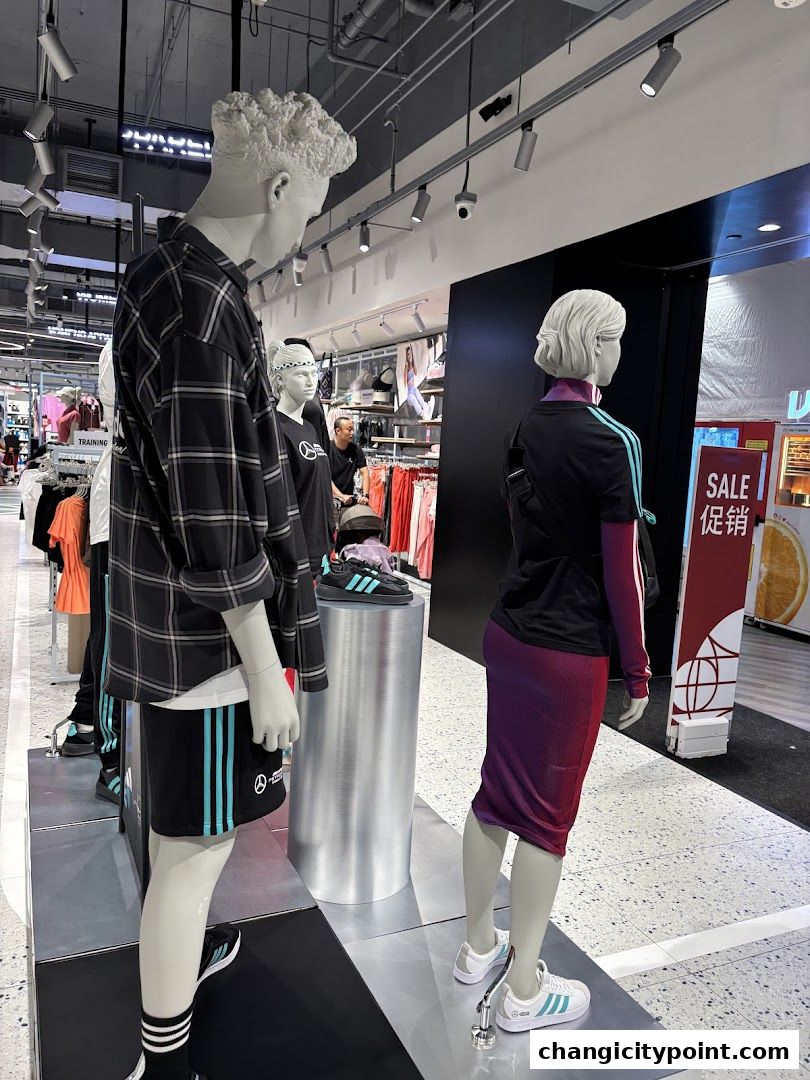 Mannequins display Adidas apparel and footwear inside a retail store.