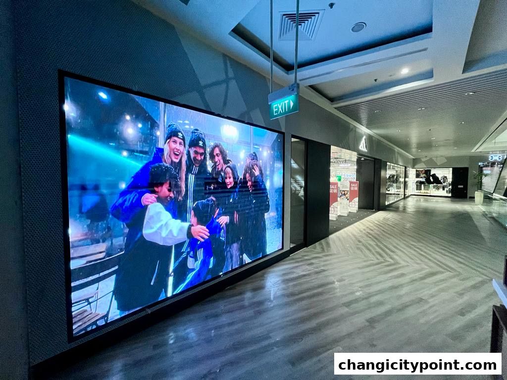 An Adidas Factory Outlet store entrance with a large digital display showing people.