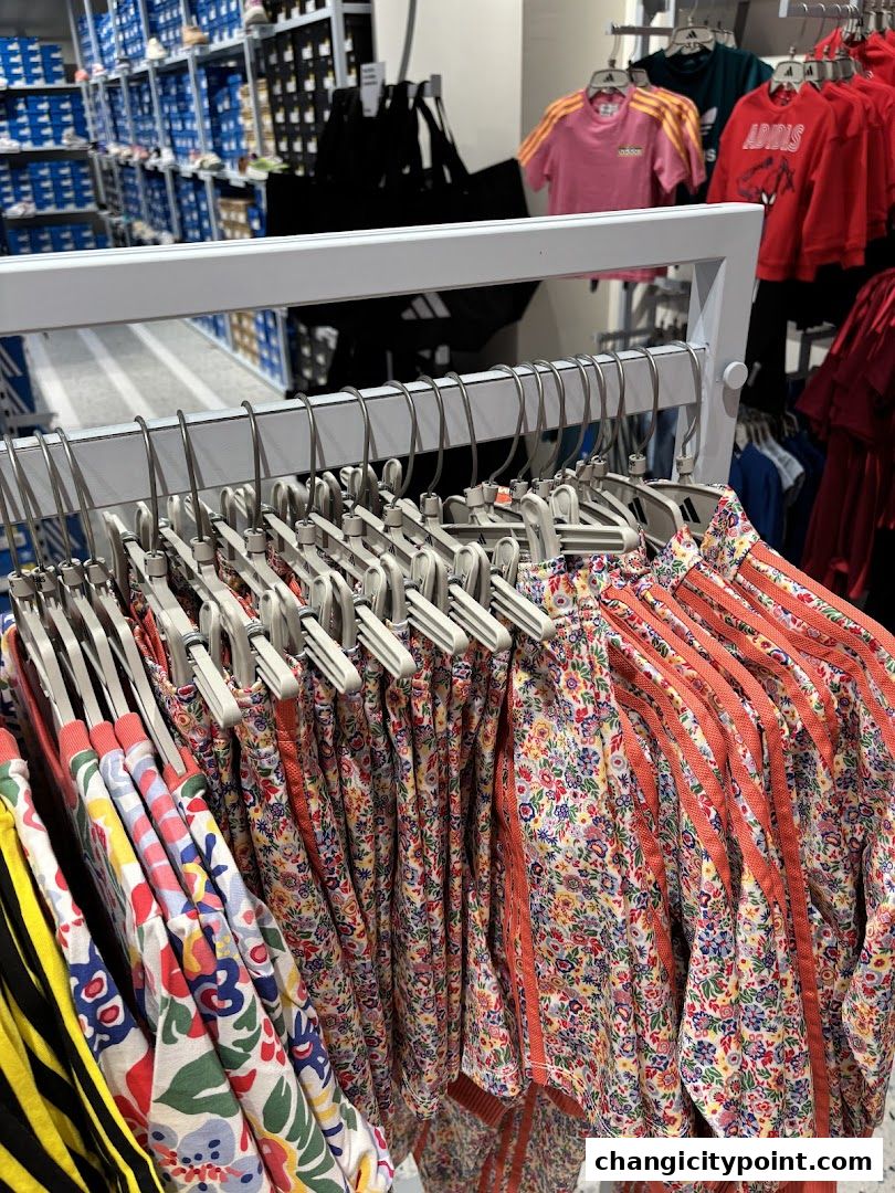 Close-up of floral print Adidas apparel hanging on display racks.