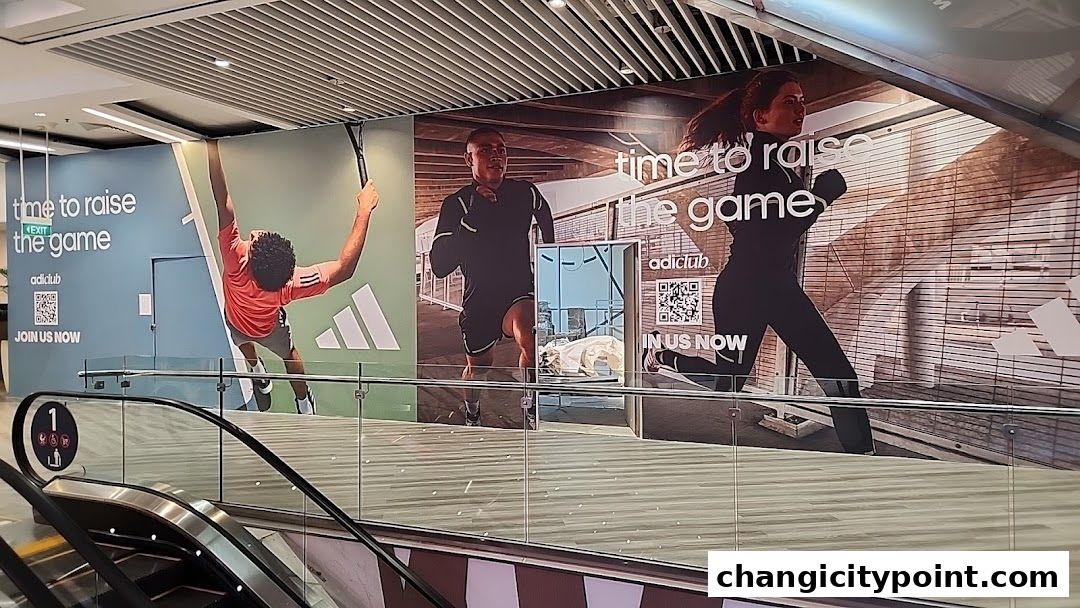 Adidas store advertising with images of athletes and the slogan 'time to raise the game'.