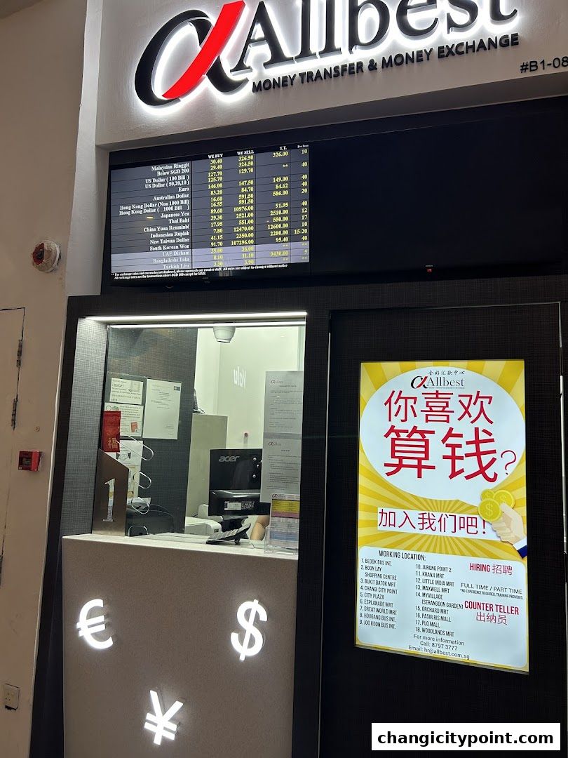 Allbest Money Transfer & Money Exchange shop front with currency exchange rates displayed.