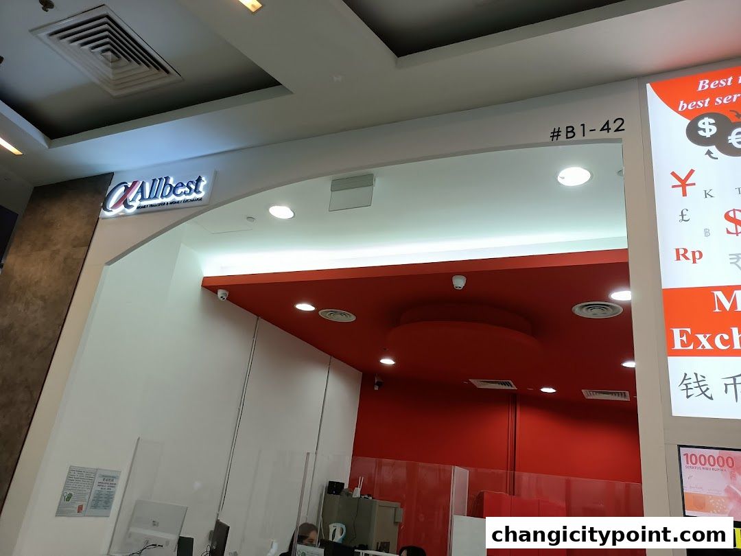 The entrance of Allbest Exchange, a money transfer and exchange service, with currency symbols displayed.