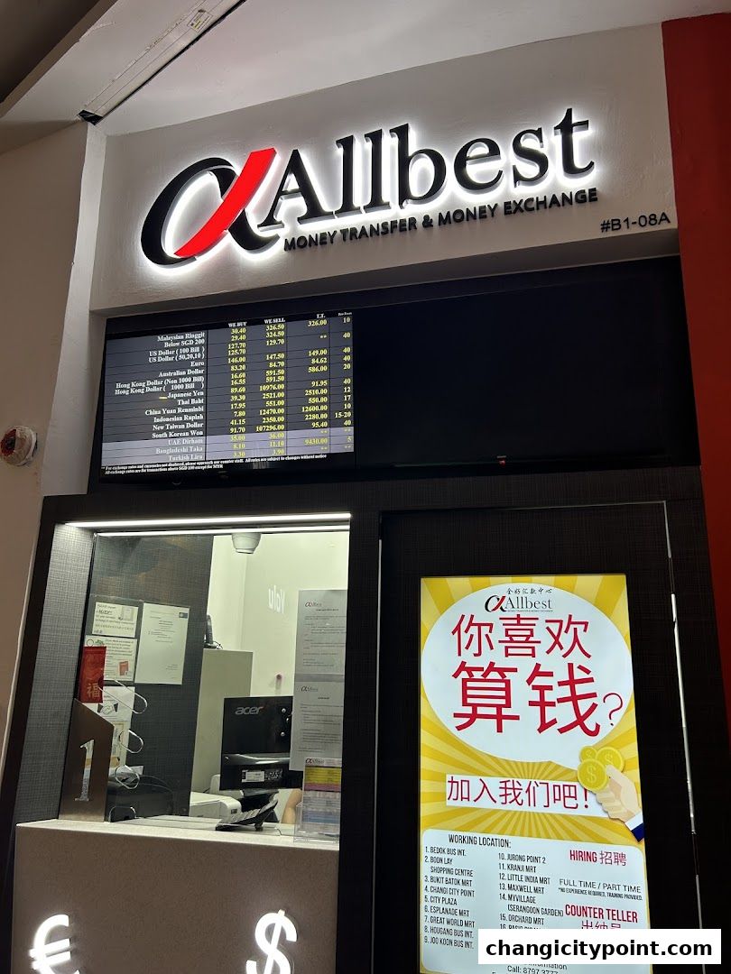 Allbest Money Transfer & Money Exchange shop front with currency exchange rates displayed.