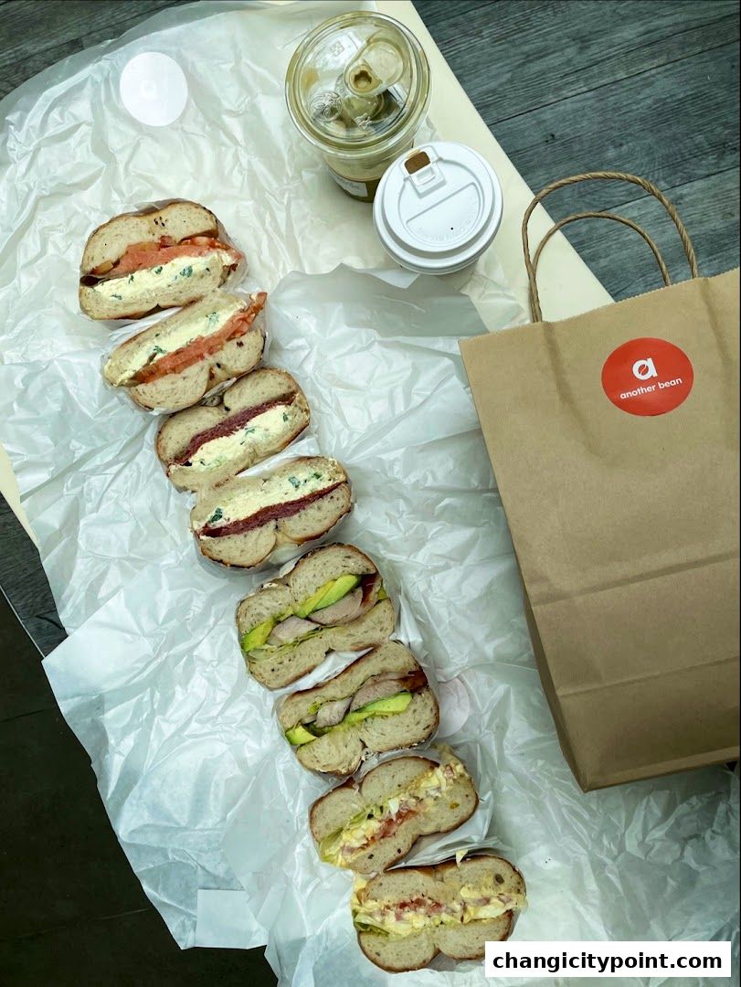 A selection of delicious bagels and a drink from another bean.