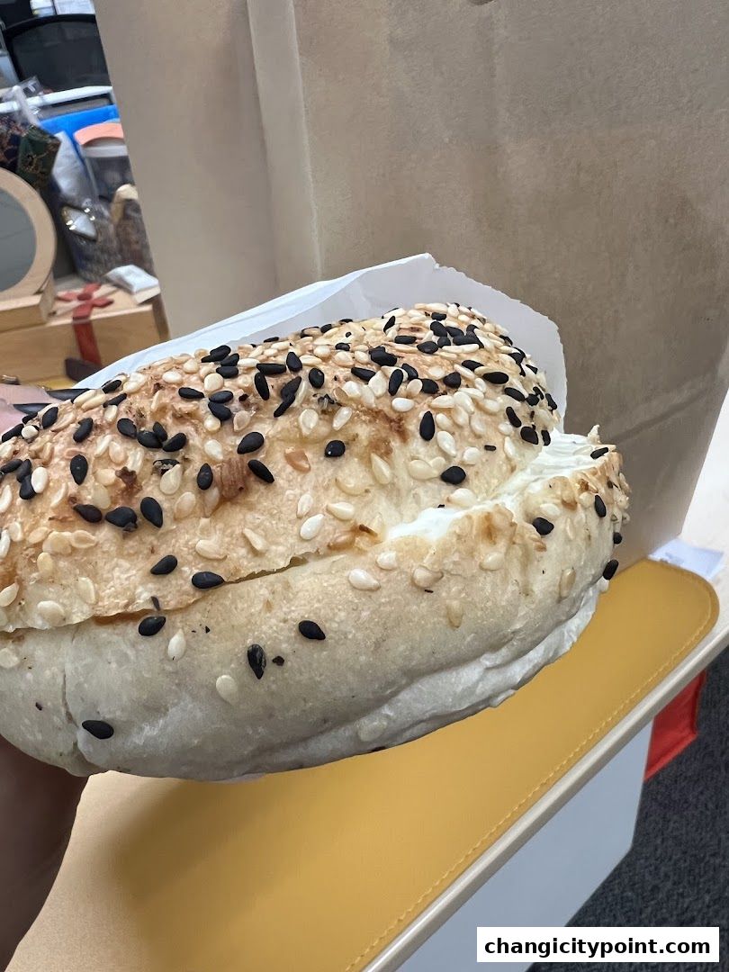 A hand holds a sesame and black seed bagel with cream cheese.