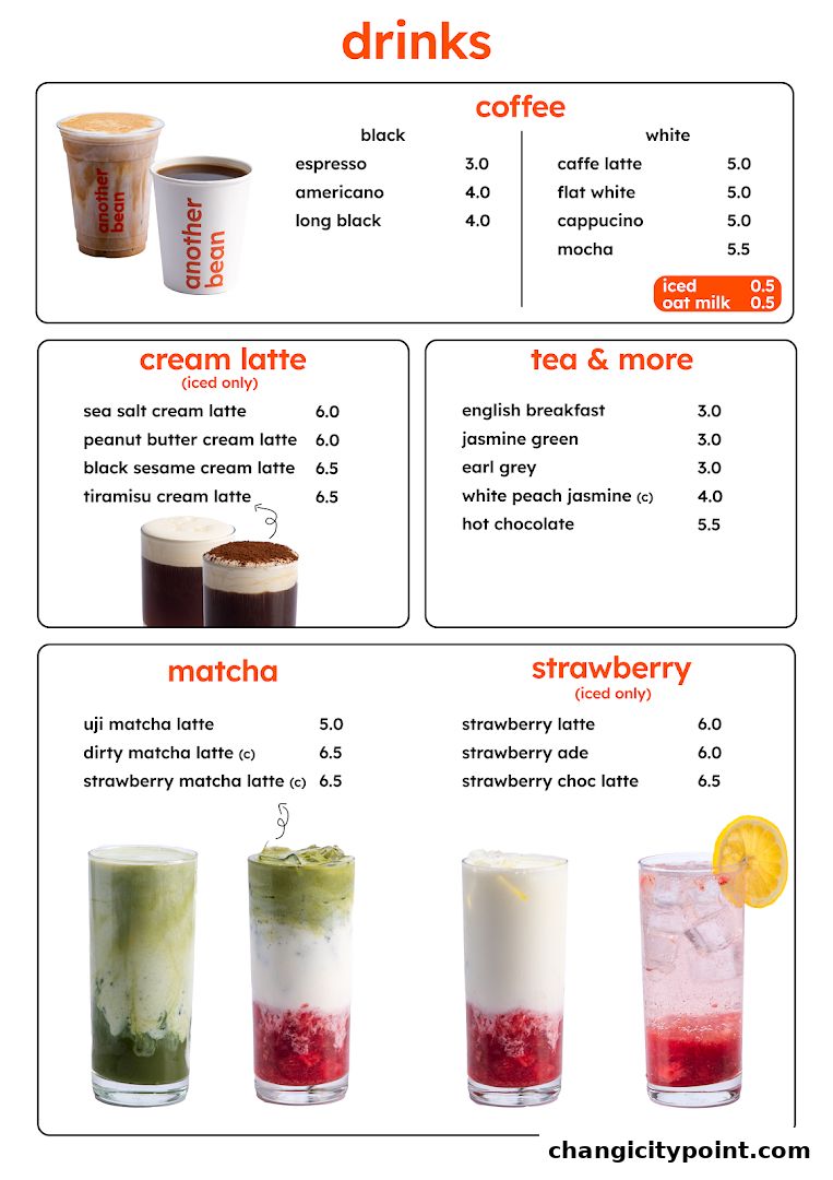 A menu for 'another bean' featuring coffee, cream lattes, matcha, tea, and strawberry drinks.