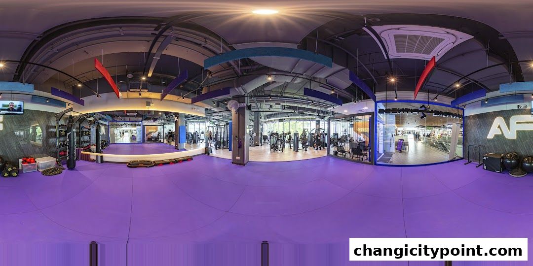 Interior view of a modern gym with various exercise equipment and purple flooring.