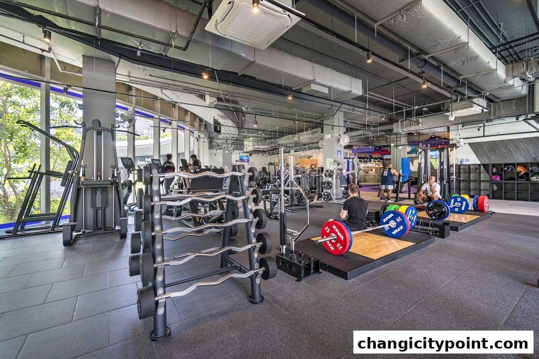 Interior view of a modern gym with various weightlifting equipment and cardio machines.