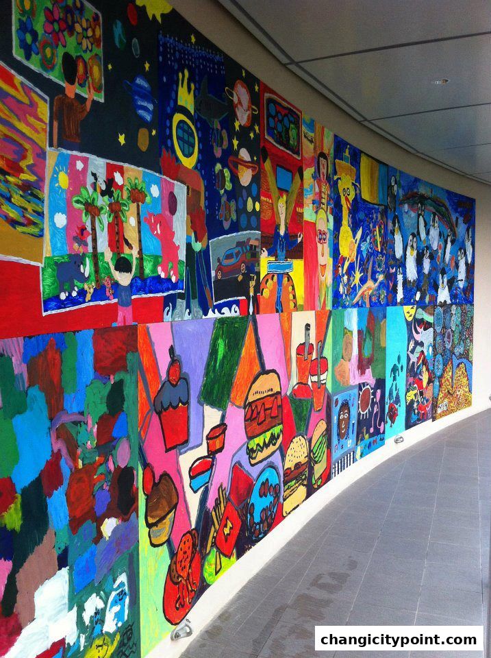 A vibrant mural featuring colorful paintings of food, people, and abstract designs.