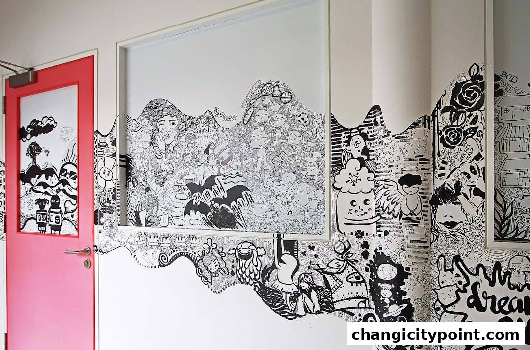 A pink door and a wall covered in intricate black and white doodle art.