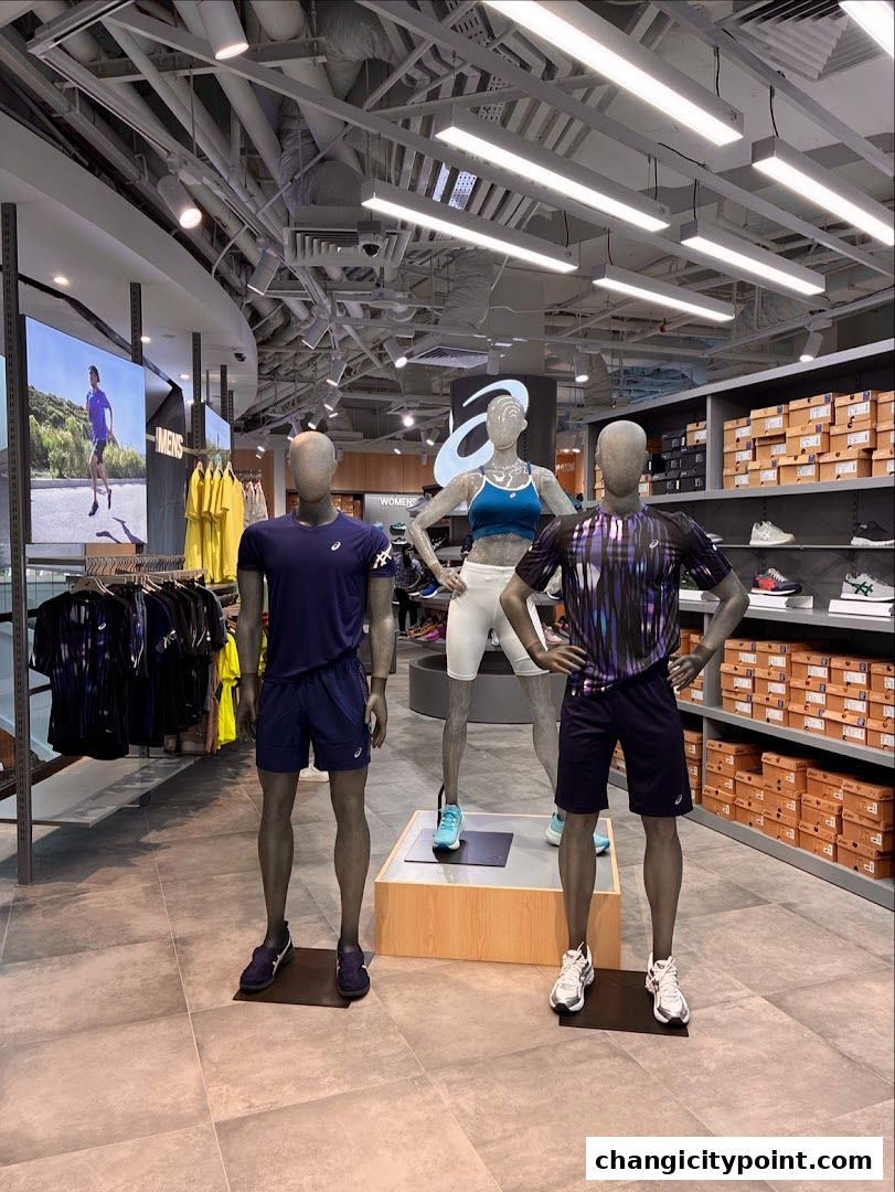 Mannequins display ASICS athletic wear and shoes inside a modern retail store.