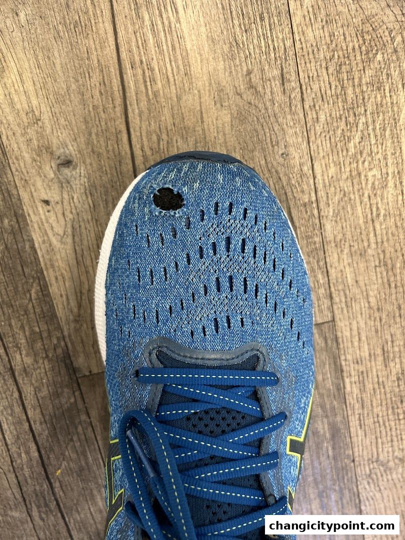 Close-up of a blue ASICS running shoe with a hole in the toe box.
