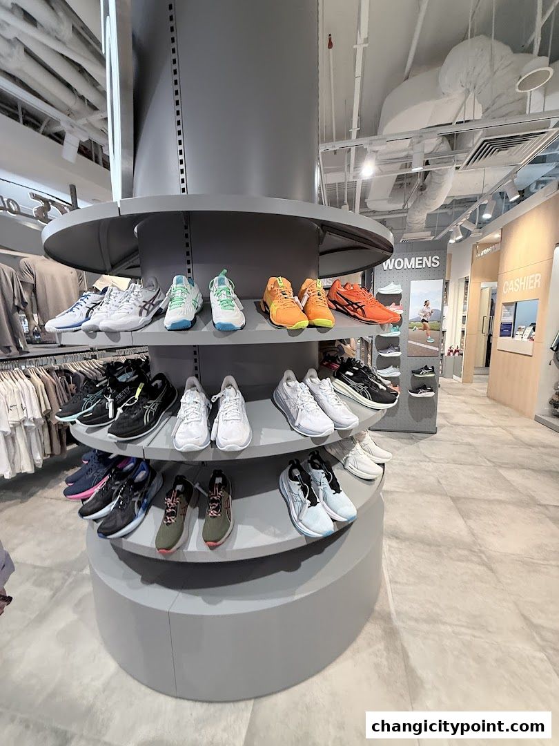 Interior view of an ASICS Outlet store showcasing various athletic shoes on display.