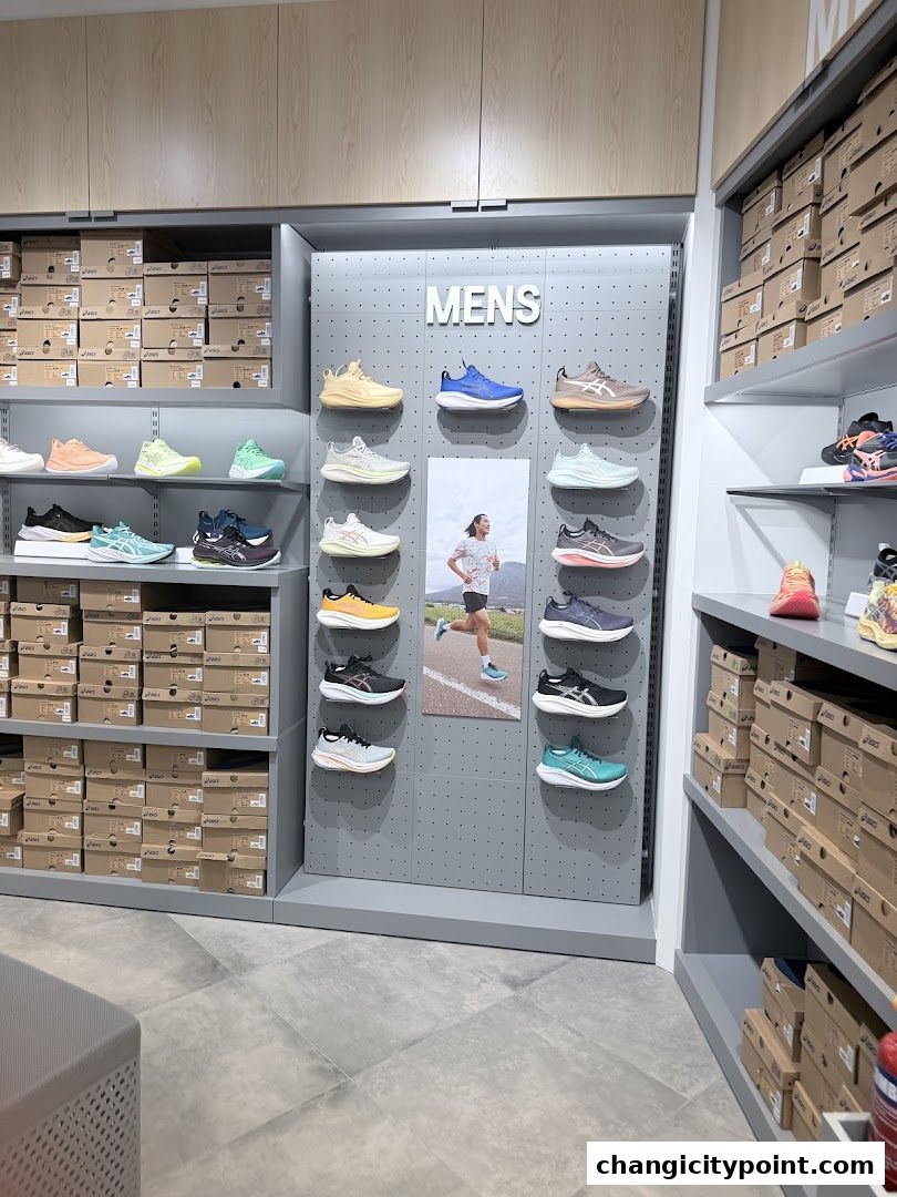 Interior view of an ASICS Outlet store showcasing men's running shoes and boxed inventory.