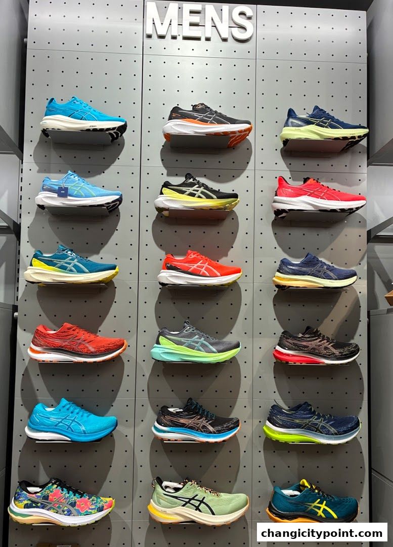 Display of various ASICS men's running shoes in different colors and styles.