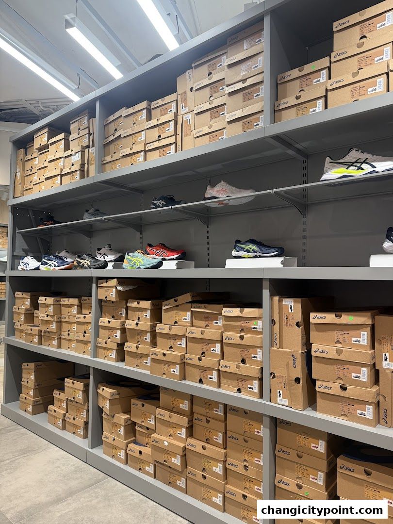 Shelves stocked with ASICS shoe boxes and display shoes in a retail store.