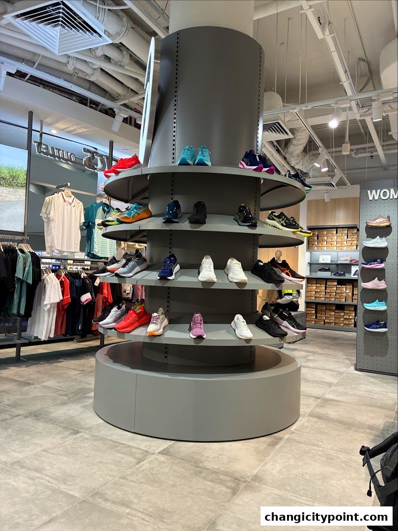 Interior view of an ASICS store showcasing a variety of athletic shoes and apparel on display.