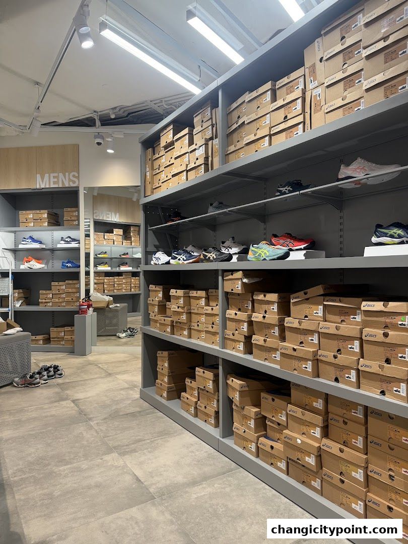 Interior of an ASICS store showcasing shelves filled with shoe boxes and display shoes.