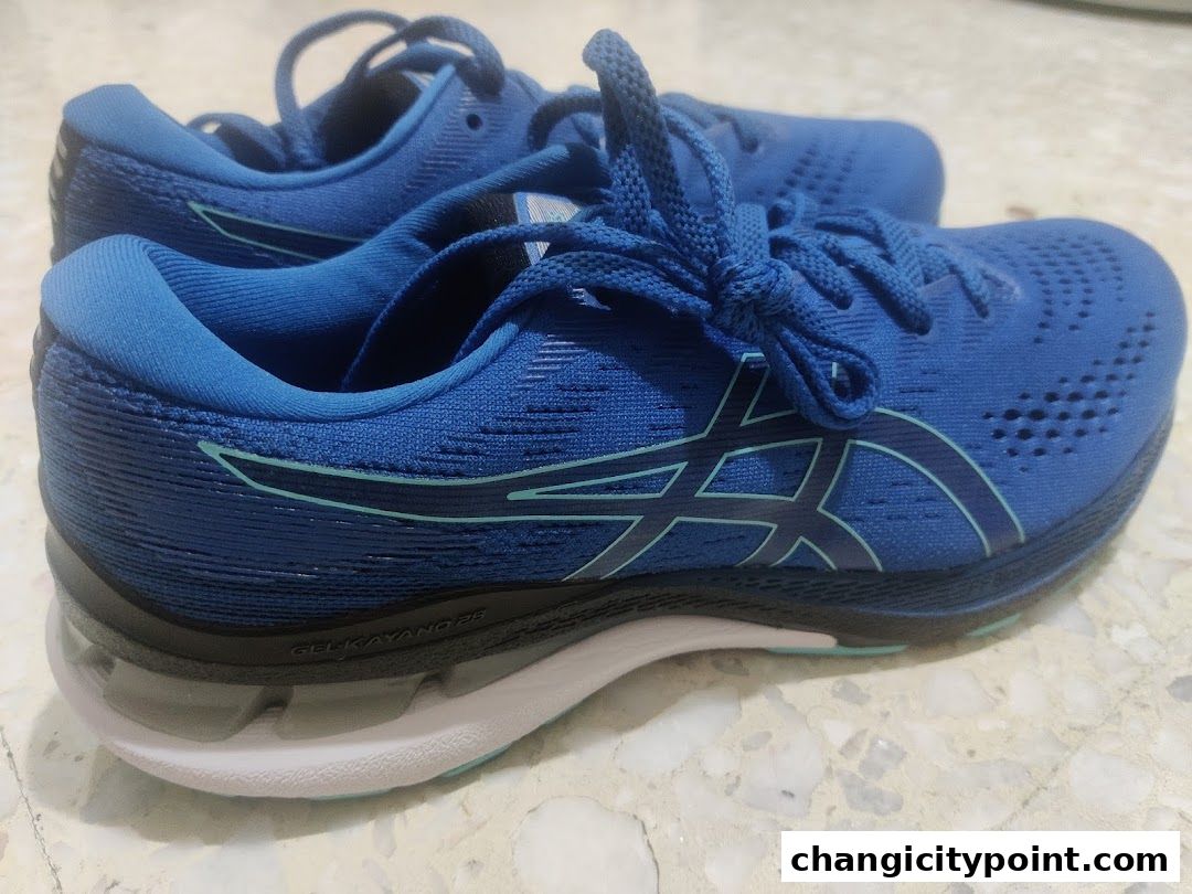 Close-up of a pair of blue ASICS running shoes with black and teal accents.