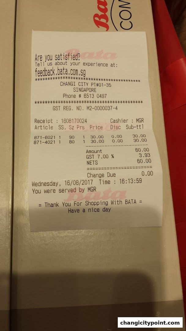 A Bata store receipt showing purchased items, total amount, and customer feedback information.