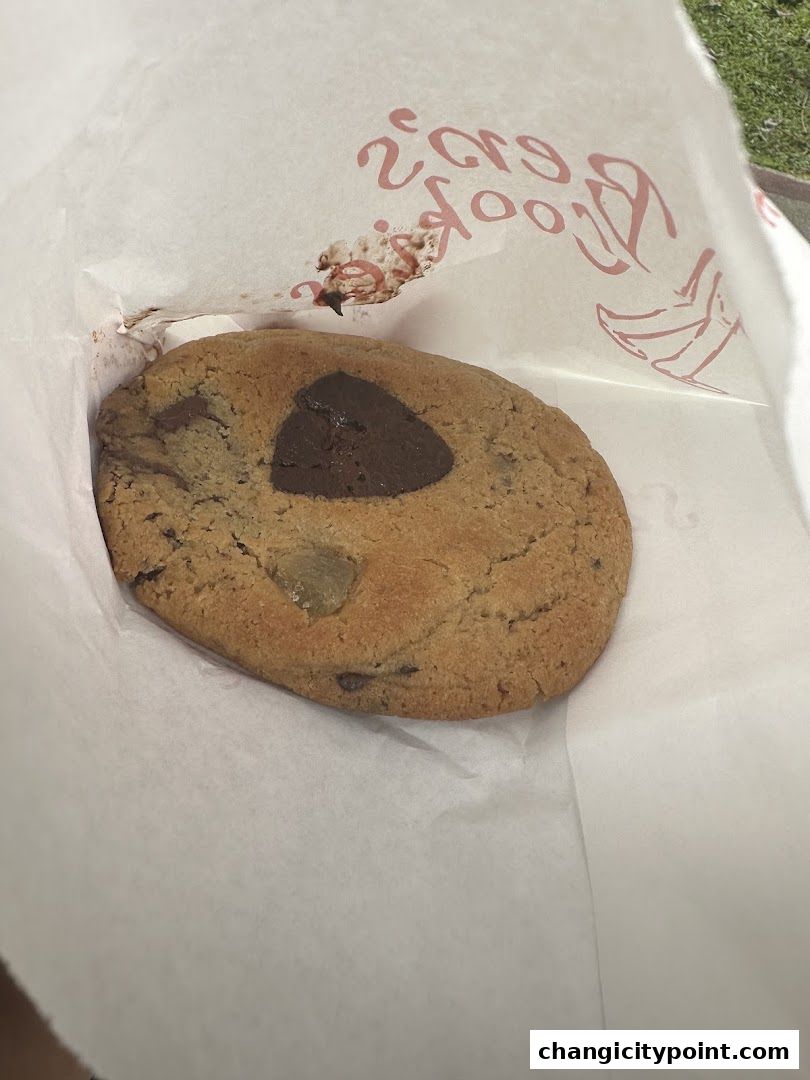 A close-up of a freshly baked chocolate chip cookie in a paper bag.