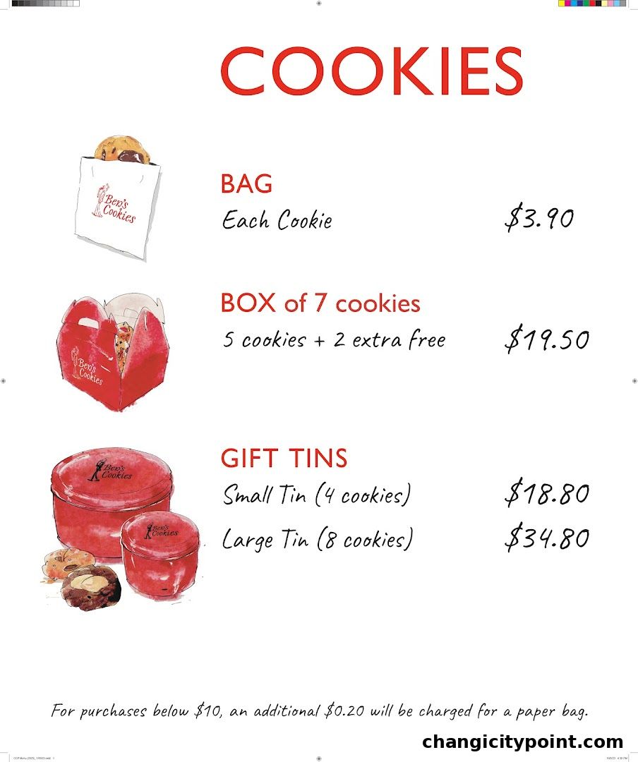 A menu displaying prices for Ben's Cookies in bags, boxes, and gift tins.