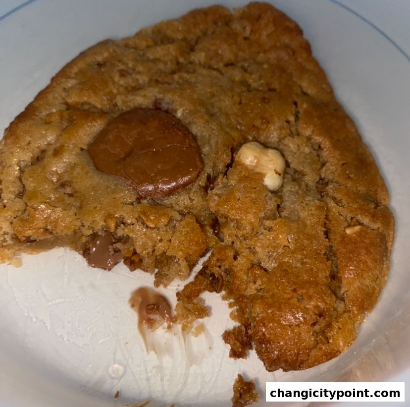 A close-up shot of a delicious, freshly baked cookie with chocolate chips and nuts.