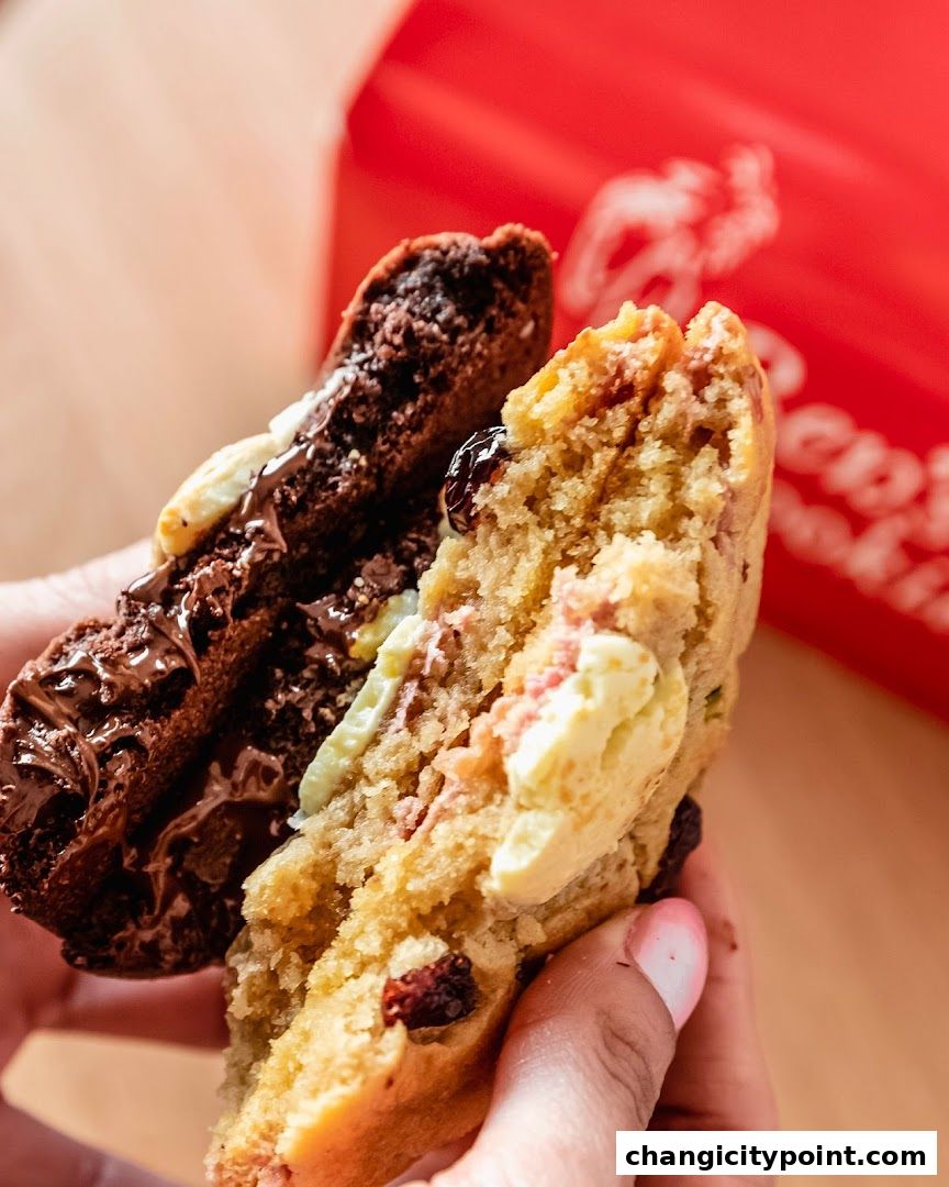 Close-up of two delicious, freshly baked cookies being held.