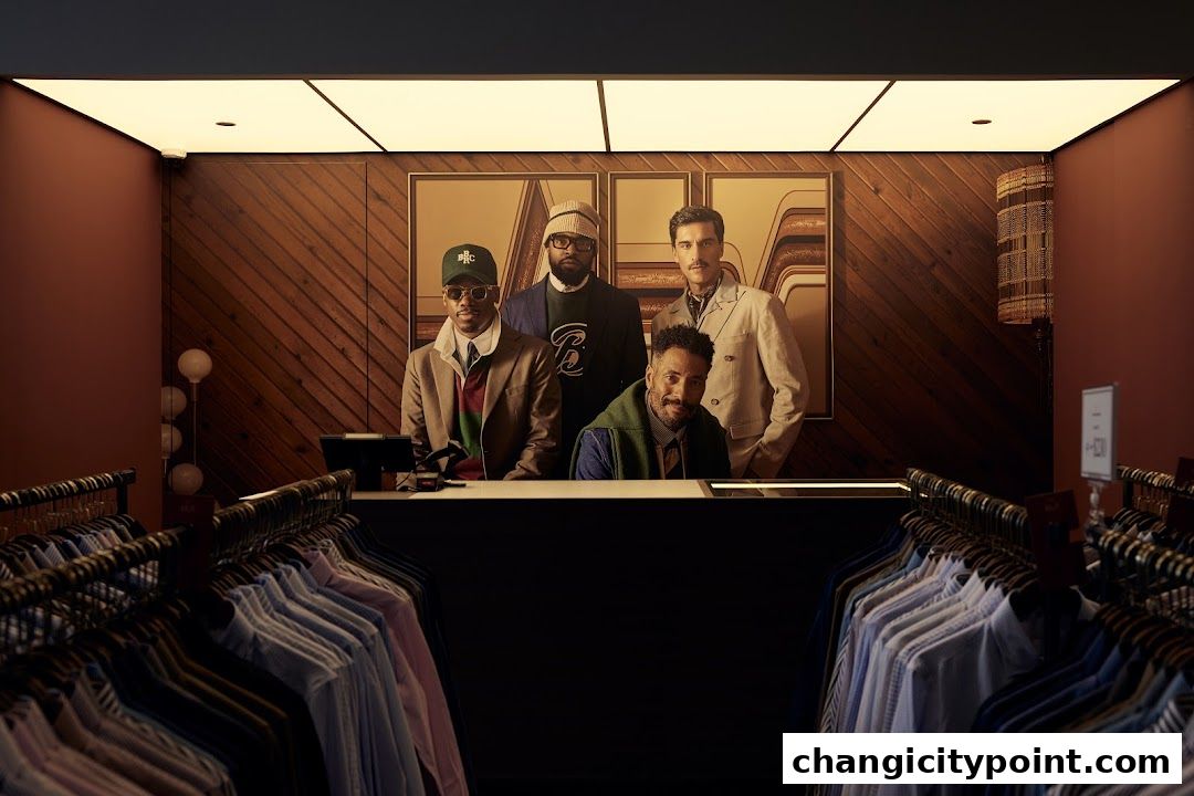 Four stylish men stand behind a counter in a well-lit clothing store.