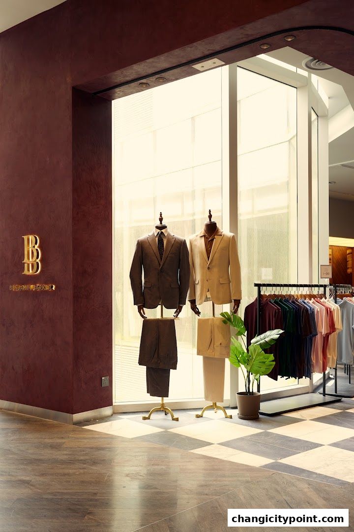 Benjamin Barker shop interior with mannequins displaying suits and a rack of shirts.